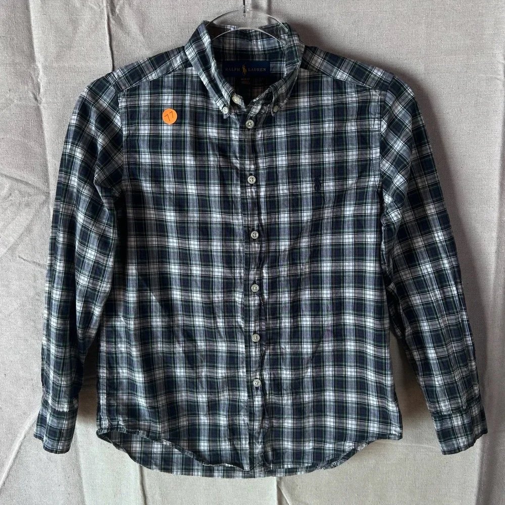 Ralph Lauren Boys Plaid Button Down Shirt Navy Green White Size‎ M 10-12 Cotton